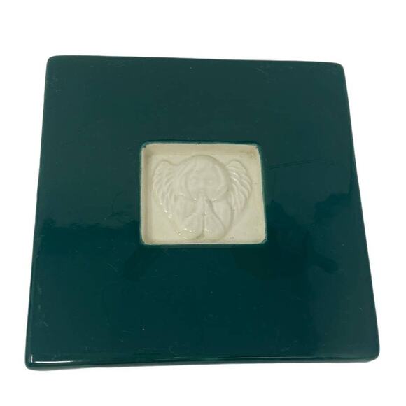 6 inch CERAMIC TILE TRIVET TREASURE CRAFT GREEN & WHITE W/ ANGEL CHERUB - Picture 1 of 9